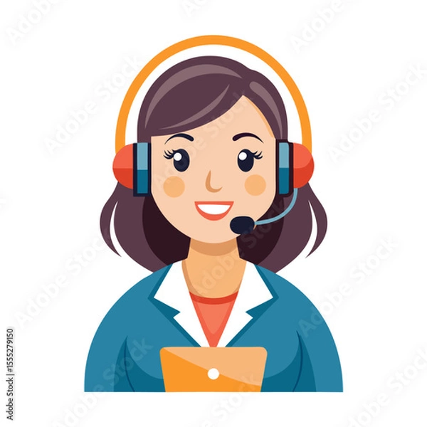 Fototapeta Smiling female customer care representative wearing microphone headset on white isolated background