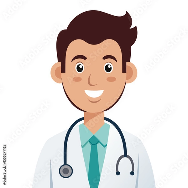 Fototapeta Smiling healthcare professional wearing white coat and stethoscope standing against white backdrop