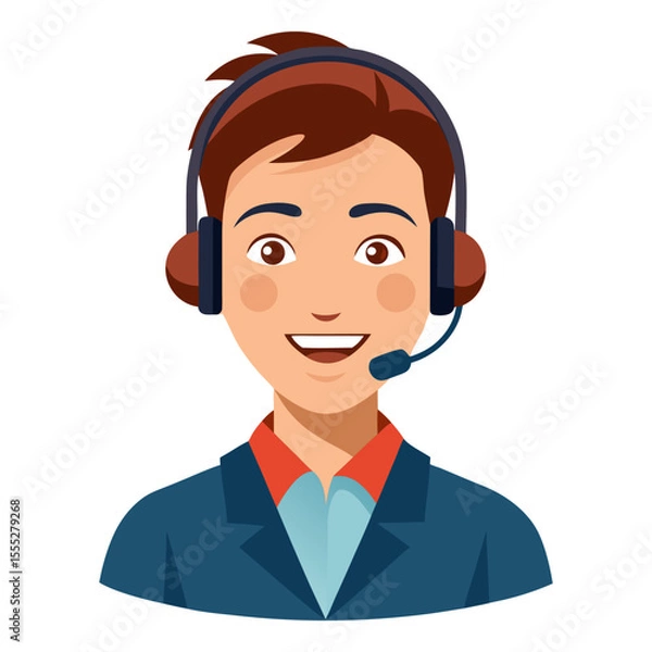 Fototapeta Friendly male customer support agent smiling warmly while using headset on clean white backdrop