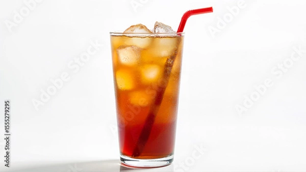 Fototapeta A clear glass filled with sweet iced tea and ice cubes, featuring a red straw, isolated on a white background. Suitable for illustrating cold beverage concepts and drink refreshment.