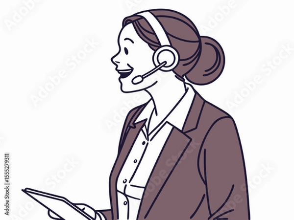 Fototapeta Friendly woman call center employee wearing microphone headset smiling warmly on white background