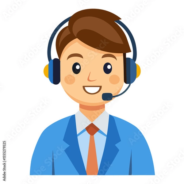 Fototapeta Friendly young male call center worker in headset offering quality service on white backdrop