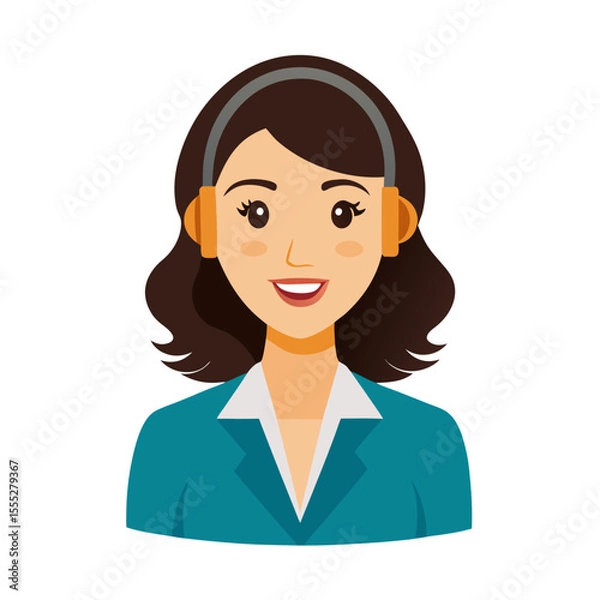 Fototapeta Happy female contact center agent wearing microphone headset against simple white isolated backdrop