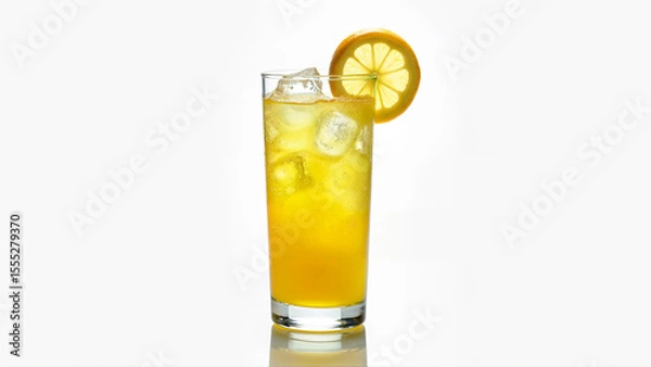 Fototapeta A clear glass filled with sweet lemon juice and ice cubes, isolated on a white background. The image is suitable for illustrating cold beverages and summer drinks.