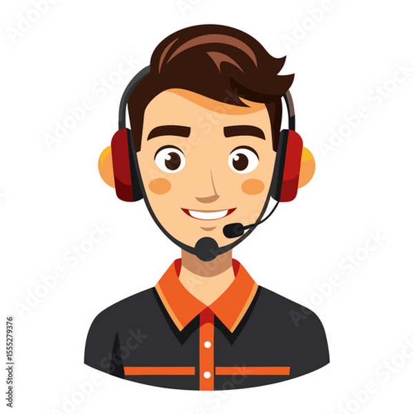 Fototapeta Happy young man in headset delivering positive customer experience in minimalist white environment