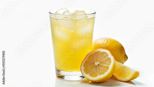 Fototapeta A clear glass filled with sweet lemon juice and ice cubes is placed beside fresh lemon slices on an isolated white background. The image is suitable for illustrating refreshing summer drinks, healthy