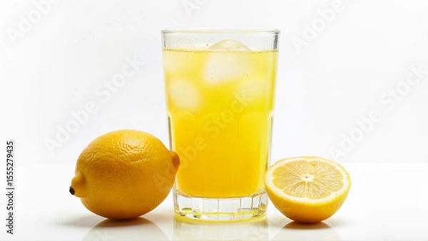 Fototapeta A glass of sweet lemonade with ice is placed beside a whole lemon and a lemon half, isolated on a white background. The image is suitable for illustrating refreshing summer drinks, citrus beverages