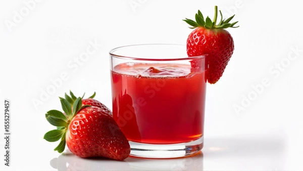 Fototapeta A clear glass filled with sweet strawberry jam is displayed with whole strawberries on a white isolated background. The image is suitable for illustrating fruit preserves, homemade spreads, or food