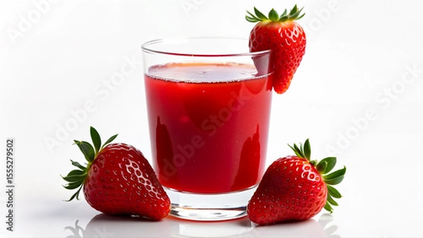 Fototapeta A clear glass filled with red strawberry juice is surrounded by three whole strawberries, isolated on a white background. The image is suitable for illustrating fruit beverages, healthy drinks, or