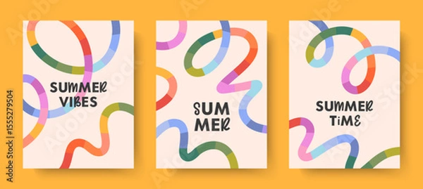 Fototapeta Summer vector illustrations with bright rainbow lines.Abstract backgrounds with multicolored dynamic shapes.Summer artistic banners in simple style.Templates for prints;banners;covers;branding;fashion