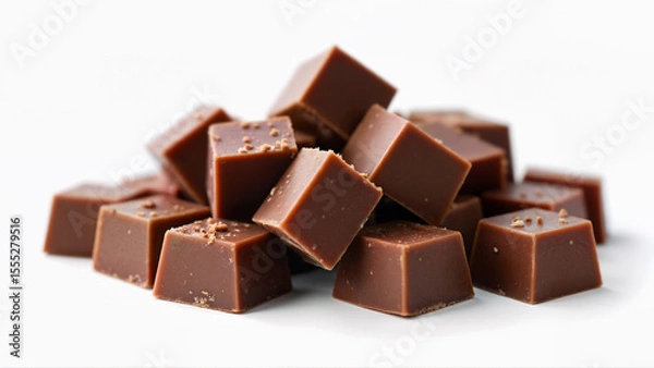 Fototapeta A pile of sweet milk chocolate chunks isolated on a white background. Suitable for food packaging, advertising, or dessert concepts.