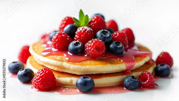 Fototapeta Stack of pancakes topped with fresh blueberries, raspberries, and sweet syrup, isolated on a white background. Image suitable for breakfast, dessert, or food-related content.