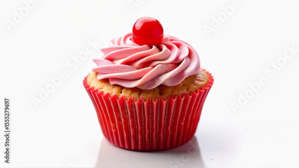 Fototapeta Single red cupcake with pink frosting and cherry on top, isolated on a white background. Suitable for food, dessert, and bakery design uses.