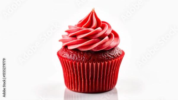 Fototapeta A single red cupcake with swirled red frosting is isolated on a white background. The image is suitable for bakery, dessert, or celebration themes.