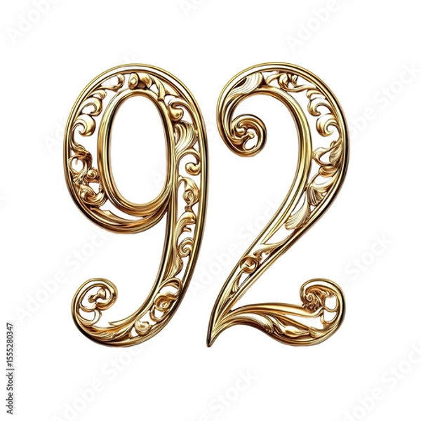Fototapeta Ornate Golden Number 92 Isolated on Transparent Background in Elegant Floral Design