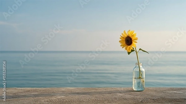 Obraz Minimalist Sunflower in Glass Vase by the Sea Under Soft Morning Light