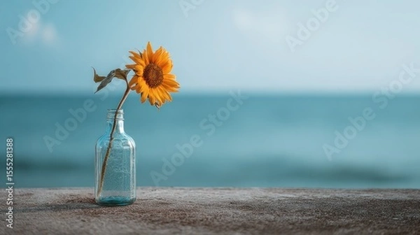 Obraz Minimalist Sunflower in Glass Vase by the Sea Under Soft Morning Light