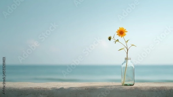 Obraz Minimalist Sunflower in Glass Vase by the Sea Under Soft Morning Light