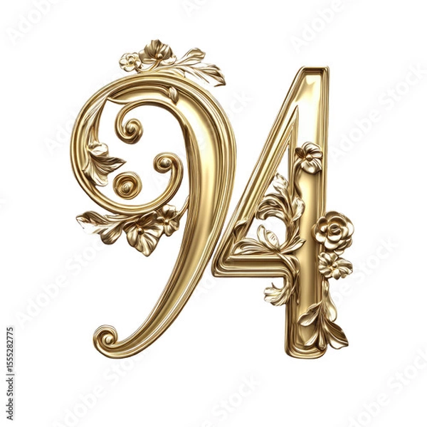 Fototapeta Ornate Golden Number Ninety Four With Floral Design on Transparent Background
