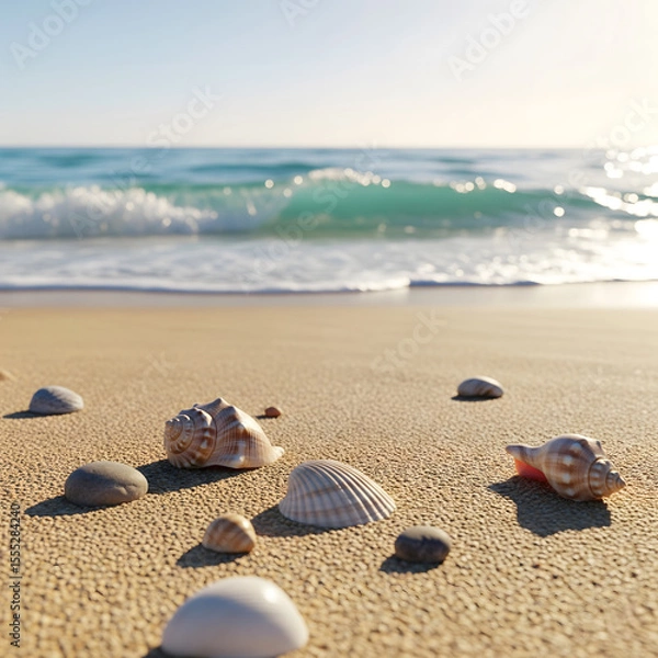 Fototapeta Seashells and pebbles are scattered across a golden sandy beach, with gentle turquoise waves rolling in under a bright sky