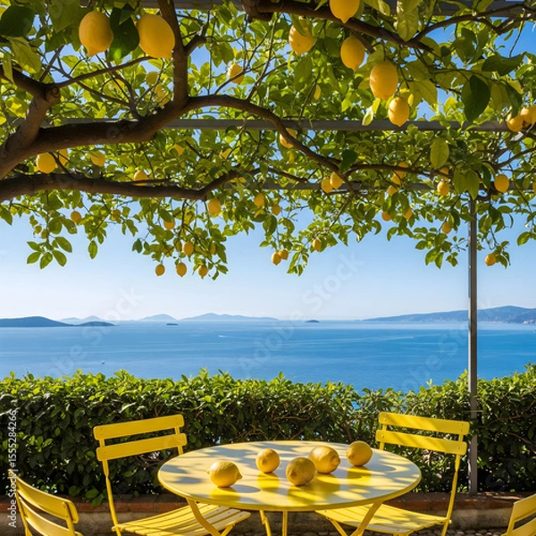 Fototapeta A patio with yellow table and chairs sits under a vibrant lemon tree canopy, overlooking a wide expanse of blue ocean and distant hills