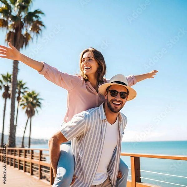 Fototapeta A happy young adult couple enjoys a piggyback ride on a sunny boardwalk, with palm trees and the ocean in the background