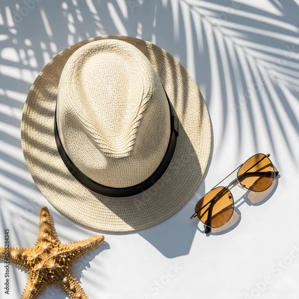 Fototapeta A woven sun hat, stylish sunglasses, and a starfish rest on a white surface, dappled with palm leaf shadows, evoking a summer vacation
