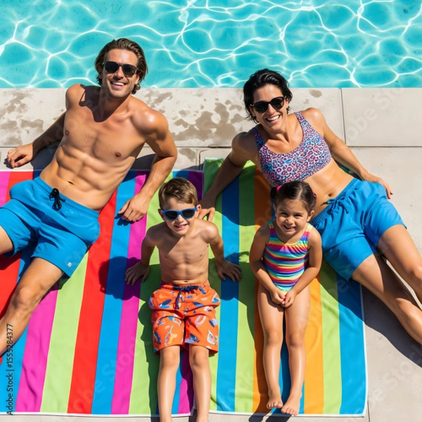 Fototapeta A smiling family of four, including two young children, relaxes on a colorful striped towel by a sunny swimming pool