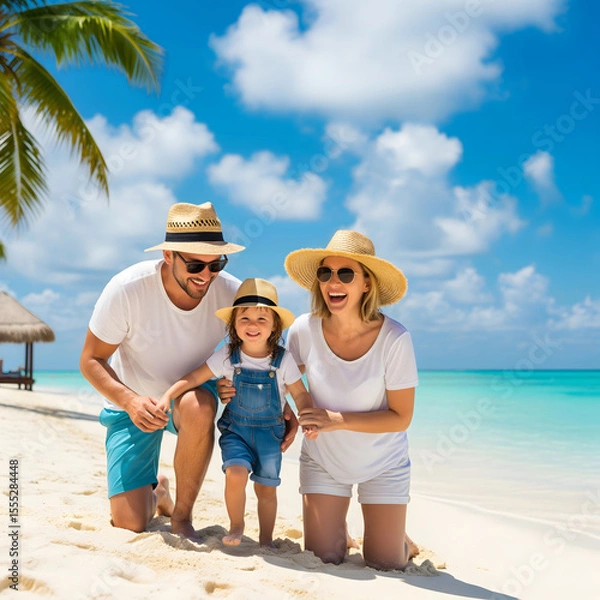 Fototapeta A smiling family of three, including a young child, kneels on a white sand beach with turquoise water and palm trees under a bright blue sky