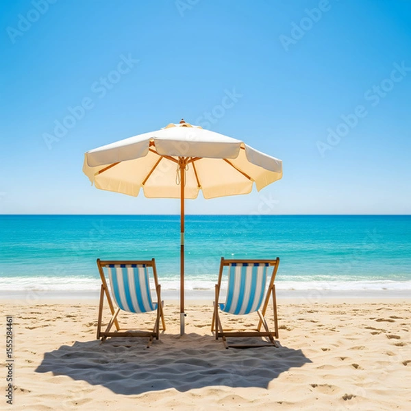 Fototapeta Two striped beach chairs sit under a white umbrella on a sandy beach, facing the clear blue ocean and sky, inviting relaxation