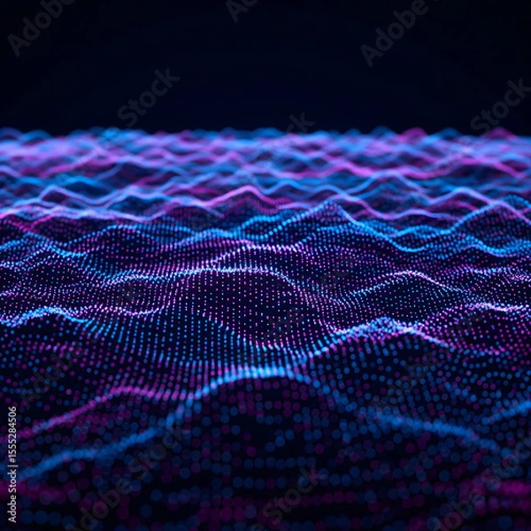 Fototapeta A dark, abstract digital landscape features undulating waves of glowing pink and blue dots, representing data flow or sound