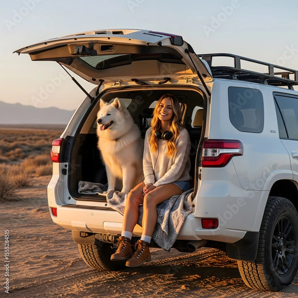Fototapeta A young adult woman and a fluffy white dog sit happily in the open trunk of an SUV at sunset in a desert landscape