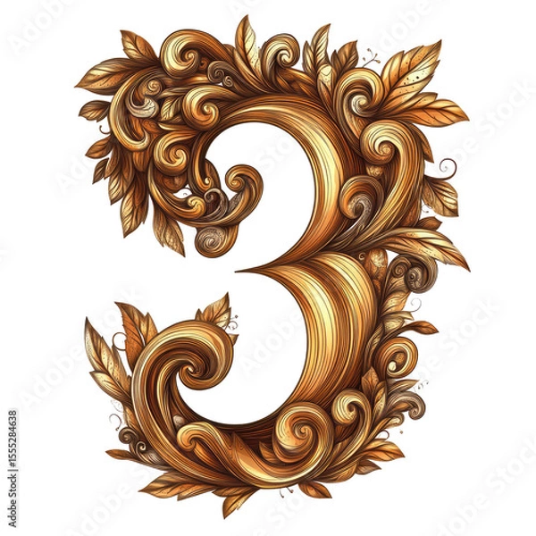 Fototapeta Ornate Golden Number Three Decorative Design Against Transparent Background