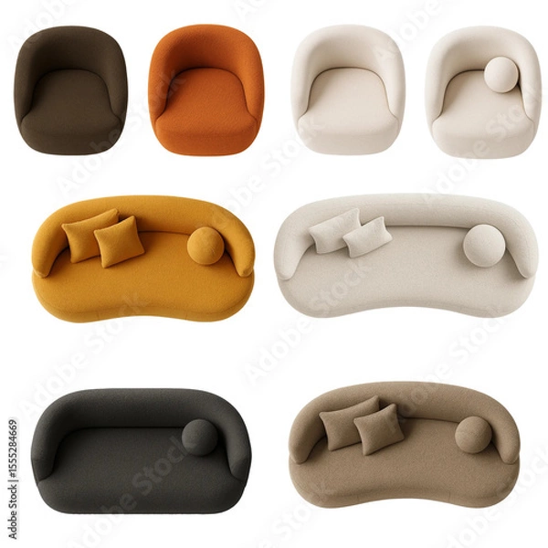 Obraz Top-down Modern Sculptural Sofa and Armchair Set with Rounded Silhouettes, Dark Charcoal Bouclé Upholstery – Minimalist Monolithic Design on White Background for Interior Visualization