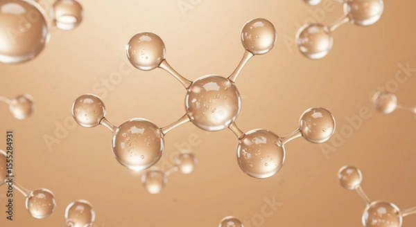 Fototapeta A close up view of a molecular structure with connected spheres on a gold gradient background