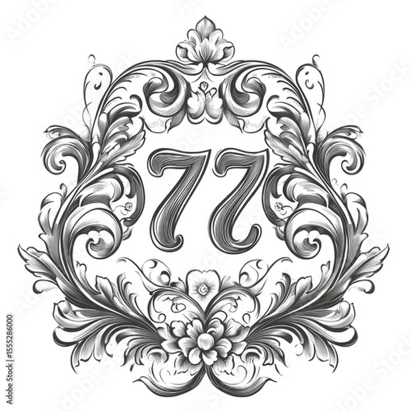 Fototapeta Ornate Vintage Number 77 Emblem With Floral Scrollwork Frame Against Transparent Background