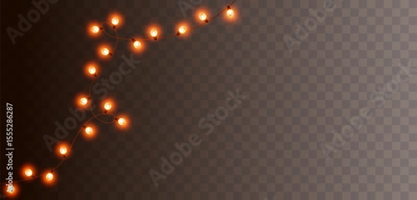 Obraz Lights bulbs isolated on transparent background. Glowing fairy Christmas garland string. Vector New Year party led lamps decoration