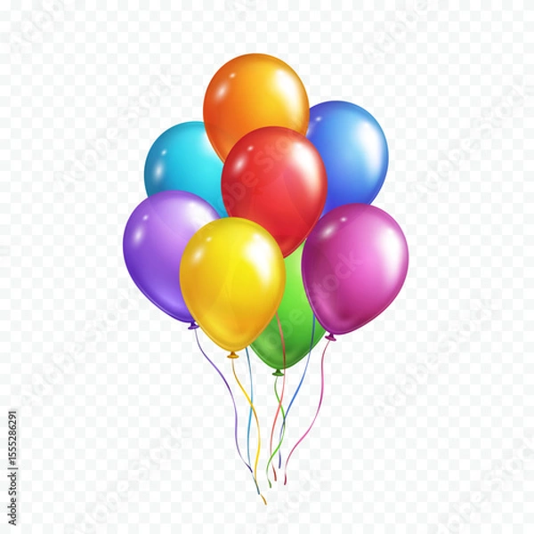 Obraz Balloons bunch isolated on transparent background. Vector colorful festive 3d helium balloons template for anniversary, birthday party design