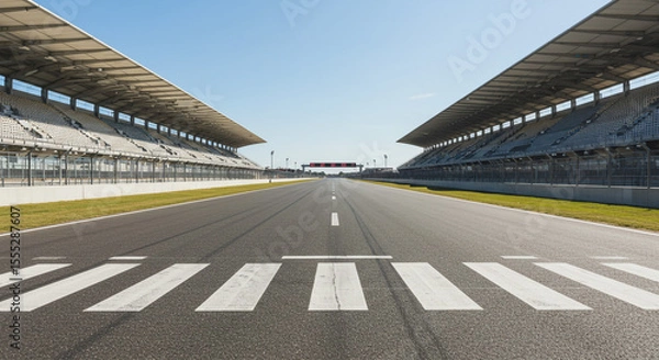 Fototapeta A view of an empty race track with grandstands on either side under a clear blue sky during the day