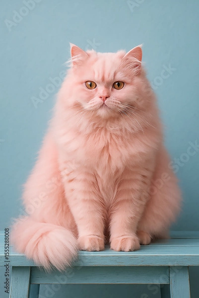 Fototapeta Um gato lindo, muito peludo, cor-de-rosa, sentado em um banco de madeira azul claro com fundo azul claro.