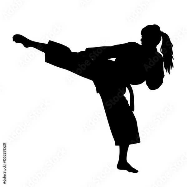 Obraz Female martial artist performing a high kick in silhouette style without background  
