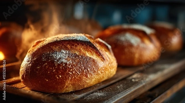 Fototapeta Fresh sourdough bread loaves just baked in an oven at a bakery, artisan bread loaves are on a baking sheet