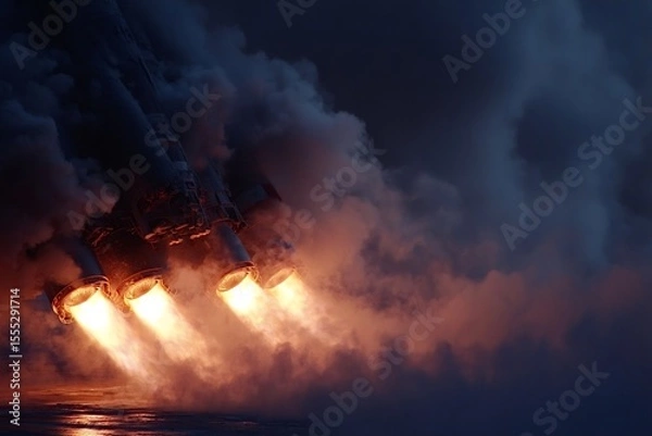 Obraz Powerful rocket engines firing and producing a lot of smoke during a dramatic sunset, symbolizing space exploration and technological advancement