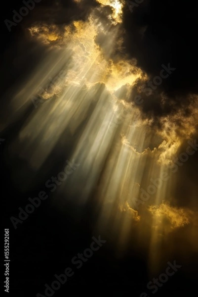 Fototapeta Mystical golden rays of light breaking through dark storm clouds – symbol of divine presence and peace
