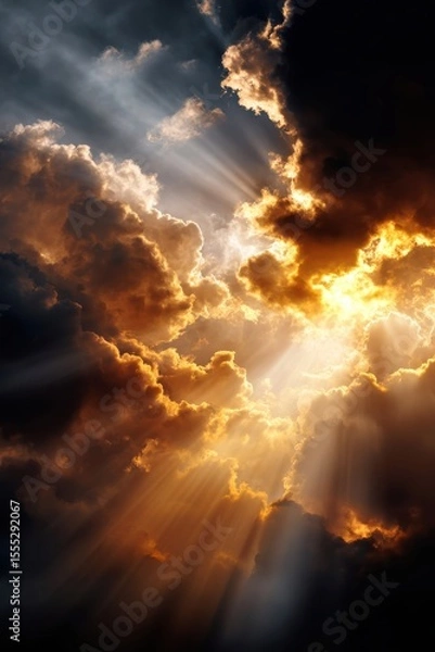 Fototapeta Powerful golden light bursting through clouds – symbol of divine energy, spiritual awakening and hope