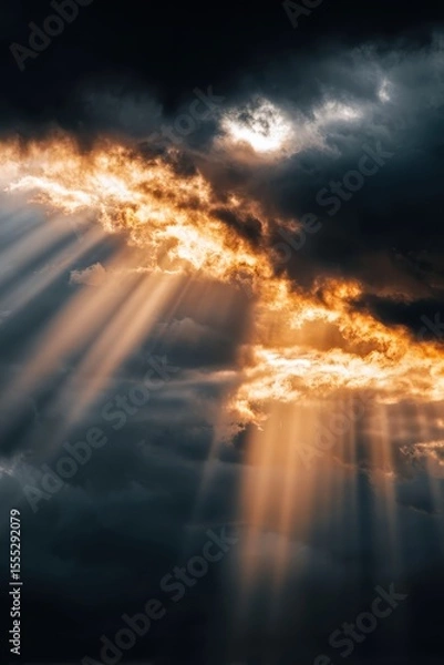 Fototapeta Mystical blue and golden rays of light breaking through dark storm clouds – symbol of divine presence and peace