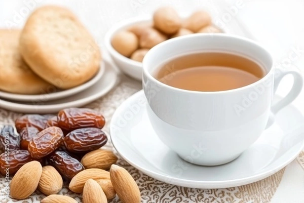 Fototapeta Traditional Eid al-Adha celebration featuring a cup of tea, dates, assorted nuts, and cookies arranged on an elegant tablecloth, symbolizing hospitality and festive gatherings
