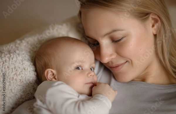 Fototapeta Mother and infant sharing a tender moment on a cozy blanket with soft textures and warm atmosphere. International Day of Families, Global Day of Parents, International Children Day