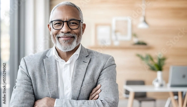 Fototapeta Confident mature businessman with glasses, smiling while standing in modern office space, showcasing professional demeanor and contemporary design elements in a bright environment