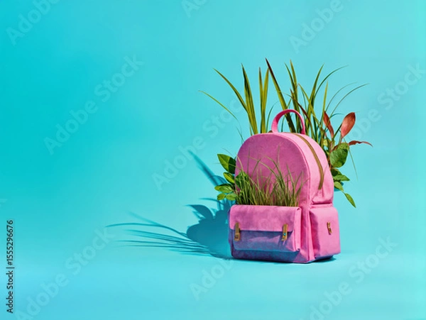 Obraz Pink backpack with wild plants growing out of it on a vibrant teal background. Back to school, education neglection conceptual copy space backdrop.